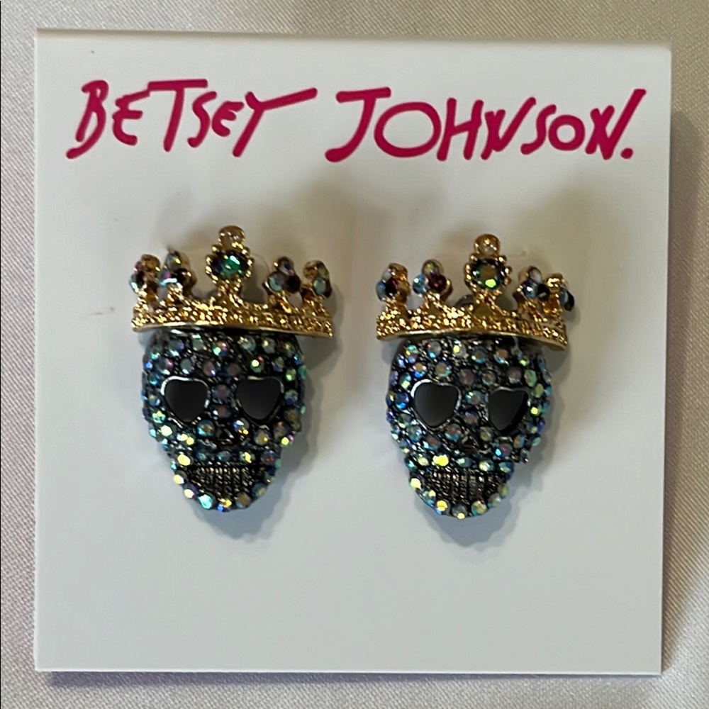 Betsey Johnson Blue and Gold Skull Crown Earrings NWT